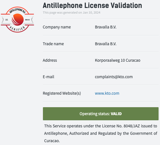 Verificação de licença da KTO